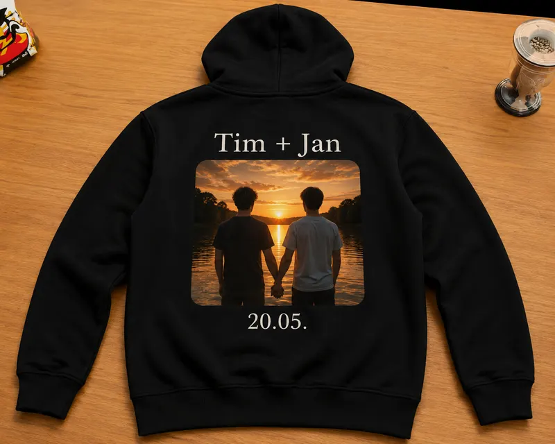 Schwarzer Hoodie mit Fotodruck und Namen auf dem Rücken