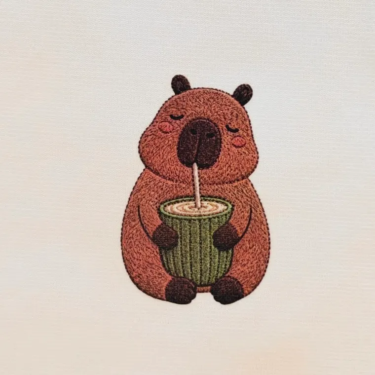 Nahaufnahme eines Capybara-Motivs in Stick-Optik auf weißem Shirt